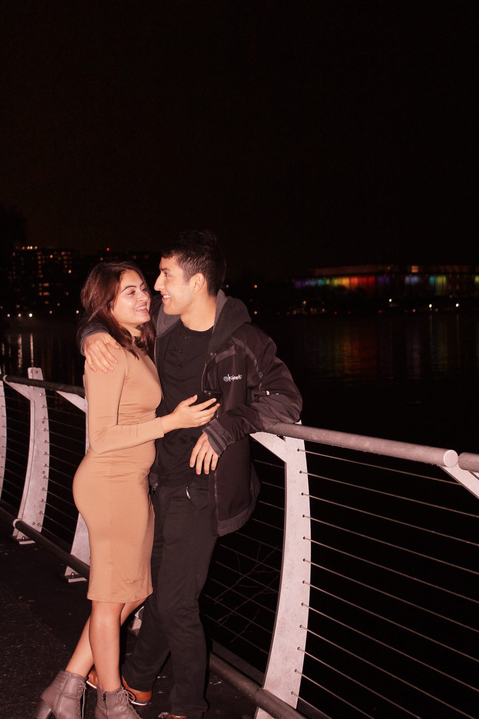 On a bridge at night by the Kennedy Center